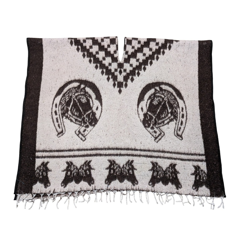 Frank's Textiles Poncho Men OS Brown Horse Horseshoe Mexican Western Baja Fringe